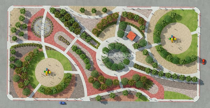 Diseño de parque urbano con circulos en vista aerea