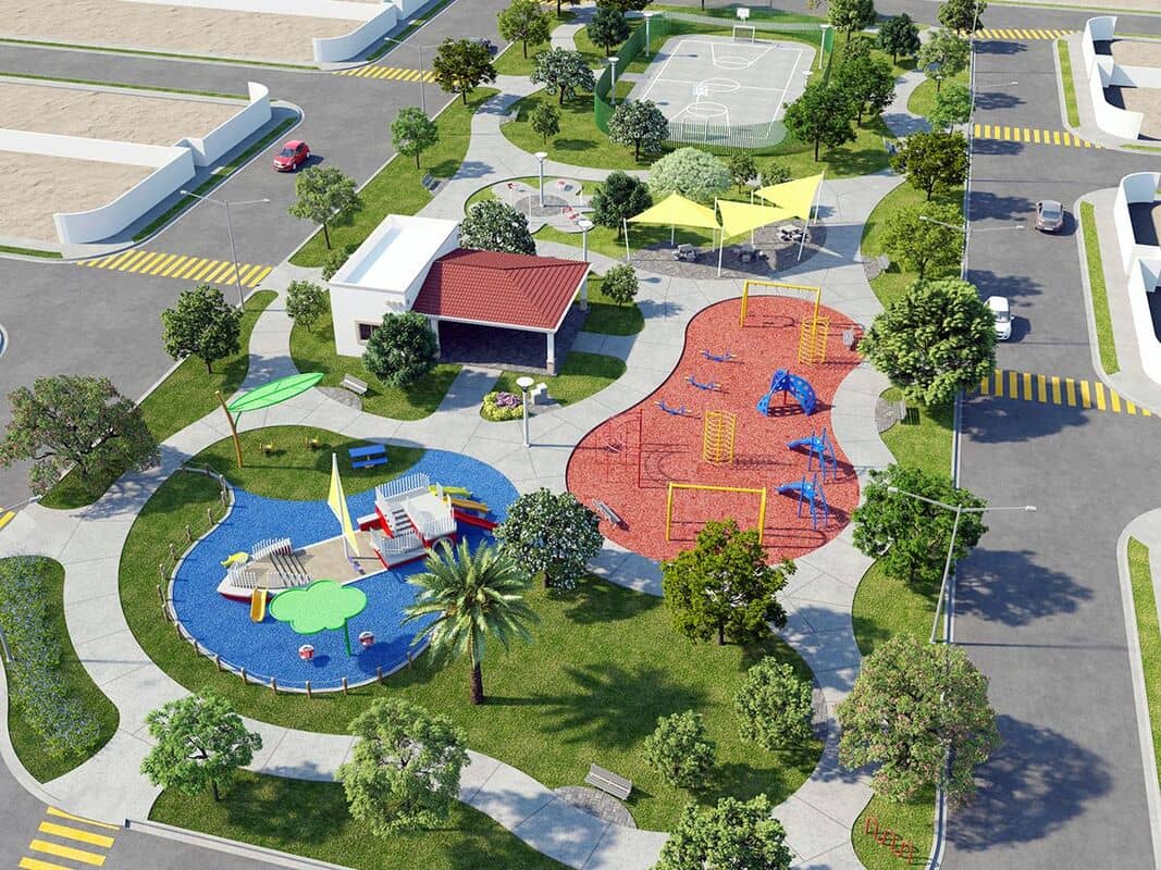 diseno parque urbano render 3d circular cancha y juegos infantiles palapa landscape
