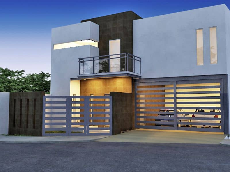 ​Frentes de casas minimalistas, sencillas y bonitas de dos pisos con cochera techada, pintura blanca y cantera para fachada café.