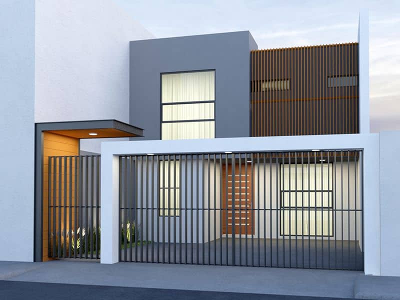 Diseños de casas de dos pisos sencillas con cochera descubierta, portón de acero, reja, acabados de madera y tonos color madera con pintura gris en fachada.