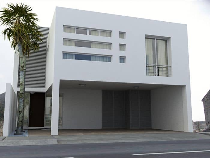 Fachadas minimalistas modernas de dos pisos con cochera techada, ventanas horizontales pequeñas y recubrimientos de cantera para fachada y pintura color blanco en exteriores de las viviendas.