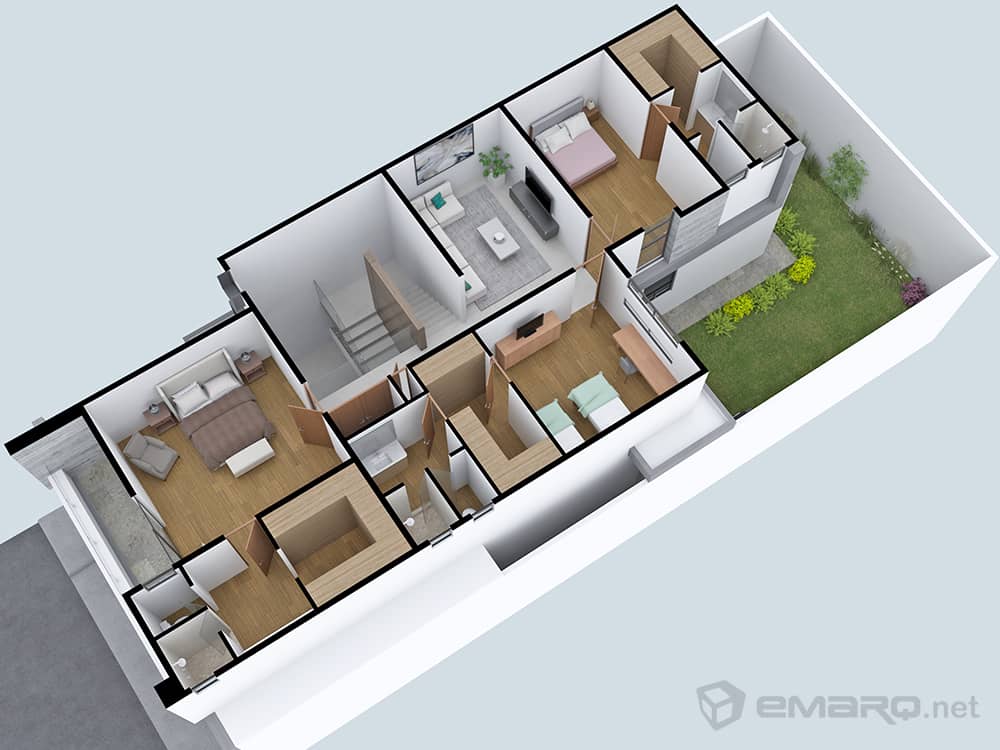 plano de casa 3d isometría diseño dos pisos