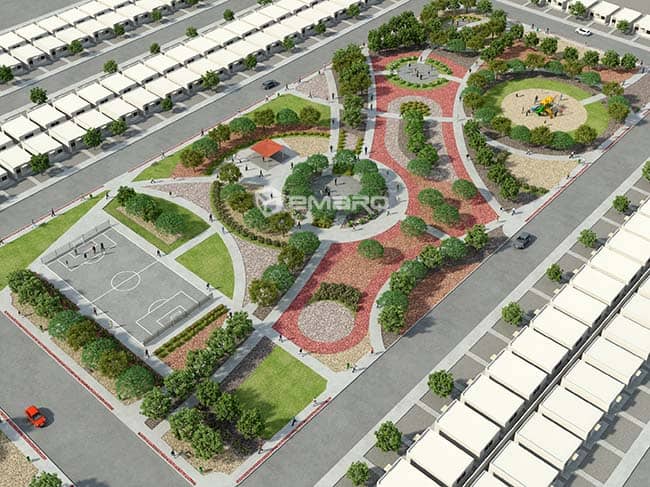 Render diseño de parque urbano moderno y jardineria