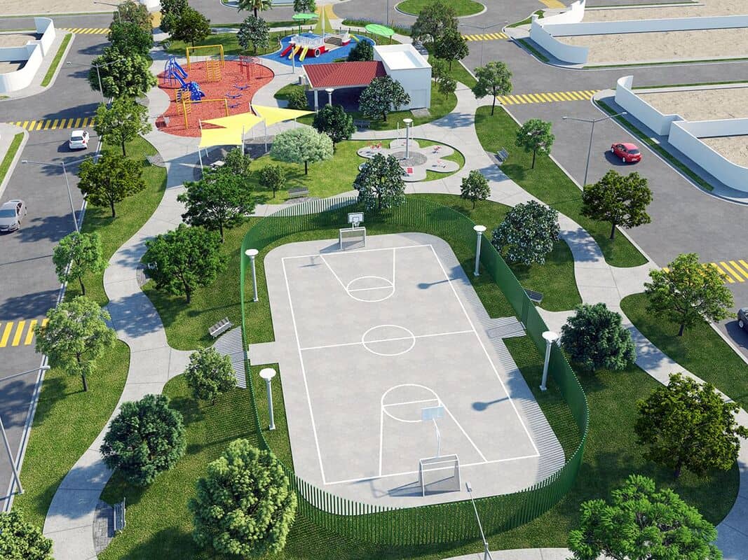 diseño parque urbano paisajismo, cancha futbol y juegos infantiles