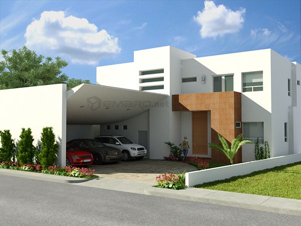 Diseños de casas de dos pisos sencillas, modernas, minimalistas con cochera para 3 carros con losa curva, recubrimiento de cantera y pintura blanca.