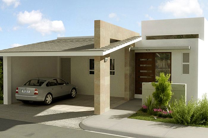 Fachadas de casas pequeñas de una planta con teja plana, cochera doble y acabados con cantera para fachada y concreto aparente.