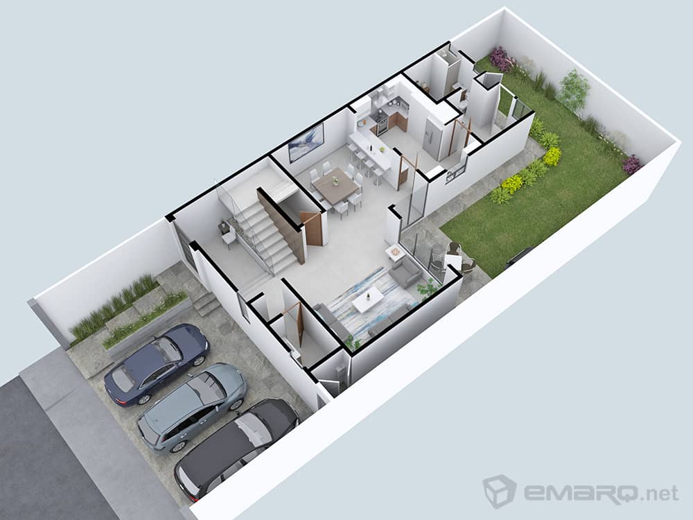 plano de casa 3d isometría diseño dos pisos cochera