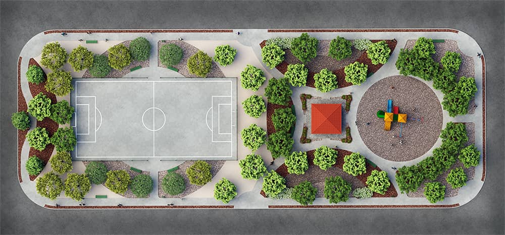 Plano de parque urbano en 3d diseno rectangular jardines